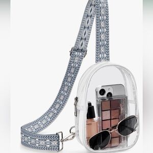 NWT Transparent Clear Crossbody Stadium Bag with Patterned Strap Blue & White